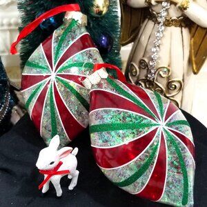 Peppermint Candy Stripe Glass Christmas Ornaments Red & Green Teardrop Confetti